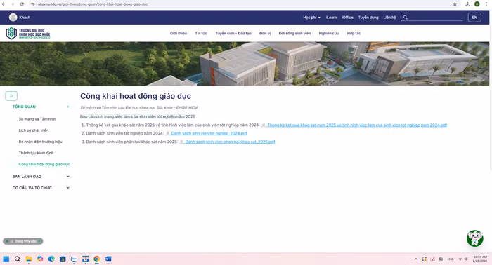 Ảnh chụp màn hình trên website Trường Đại học Khoa học sức khỏe - Đại học Quốc gia TPHCM ngày 28/1.