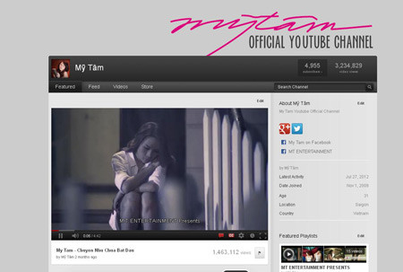 Kênh YouTube riêng của ca sĩ Mỹ Tâm với tên "Mỹ Tâm Official YouTube Channel". Kênh YouTube riêng của ca sĩ Mỹ Tâm với tên "Mỹ Tâm Official YouTube Channel".