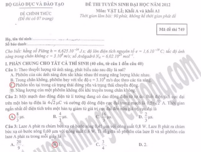 BẤM ĐÂY XEM ĐÁP ÁN MÔN TOÁN KHỐI A 2012 - BẤM ĐÂY XEM ĐÁP ÁN MÔN HÓA KHỐI A 2012 - BẤM ĐÂY XEM ĐÁP ÁN MÔN NGOẠI NGỮ KHỐI A1