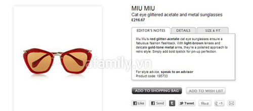 Mẫu kính này đang được rất nhiều fashionista trên thế giới ưa chuộng. Nó có giá khoảng 216 bảng Anh - khoảng 7 triệu đồng. Mẫu kính này đang được rất nhiều fashionista trên thế giới ưa chuộng. Nó có giá khoảng 216 bảng Anh - khoảng 7 triệu đồng.