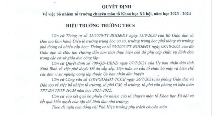 Các trường phổ thông chỉ có quyết định bổ nhiệm tổ trưởng chuyên môn- Ảnh minh họa quyết định tổ trưởng.jpg