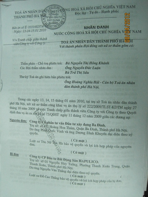 Bản án của TAND TP Hà Nội