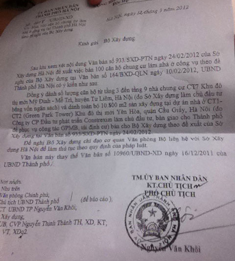 Văn bản UBND TP Hà Nội gửi Bộ Xây dựng ghi rõ đồng ý bán nhà thuộc quỹ phục vụ công tác giải phóng mặt bằng, tái định cư. Văn bản UBND TP Hà Nội gửi Bộ Xây dựng ghi rõ đồng ý bán nhà thuộc quỹ phục vụ công tác giải phóng mặt bằng, tái định cư.