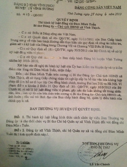 Quyết định xử lý kỷ luật ông Đàm Minh Tuấn Quyết định xử lý kỷ luật ông Đàm Minh Tuấn