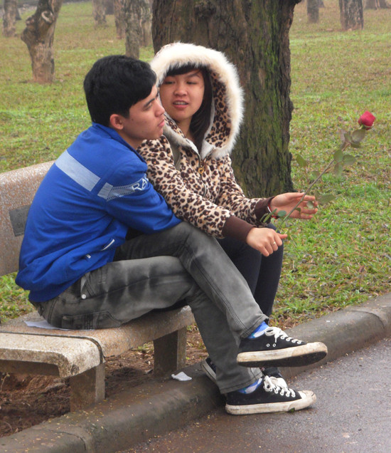 Bạn gái này đang làm nũng bạn trai sau khi nhận được một đóa hồng. Bạn gái này đang làm nũng bạn trai sau khi nhận được một đóa hồng.