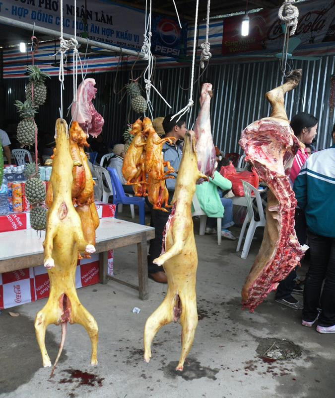 Nhìn cảnh những con thú bị làm lông, thui vàng rồi treo ngược và bị xẻo thịt với máu tươi chảy ròng ròng, đỏ lòm như thế này sẽ chẳng ai nghĩ rằng đây là nơi tôn nghiêm nơi cửa Phật tại chùa Hương mà nghĩ rằng mình đang đi lạc vào một "hội chợ thịt rừng" nào đó. Nhìn cảnh những con thú bị làm lông, thui vàng rồi treo ngược và bị xẻo thịt với máu tươi chảy ròng ròng, đỏ lòm như thế này sẽ chẳng ai nghĩ rằng đây là nơi tôn nghiêm nơi cửa Phật tại chùa Hương mà nghĩ rằng mình đang đi lạc vào một "hội chợ thịt rừng" nào đó.