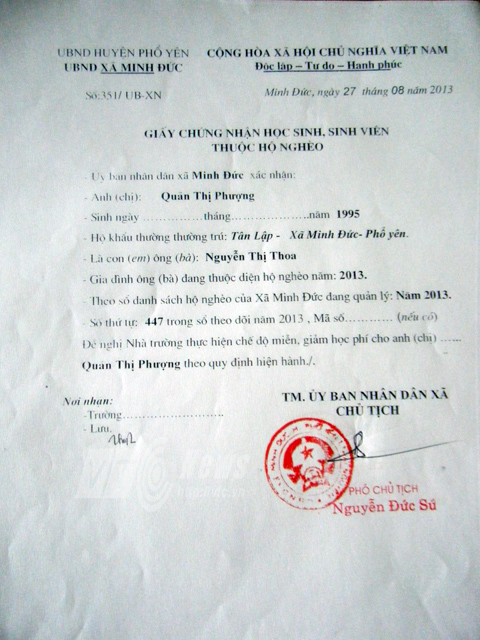 Giấy chứng nhận hộ nghèo của gia đình Phượng