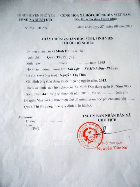 Giấy chứng nhận hộ nghèo của gia đình Phượng Giấy chứng nhận hộ nghèo của gia đình Phượng