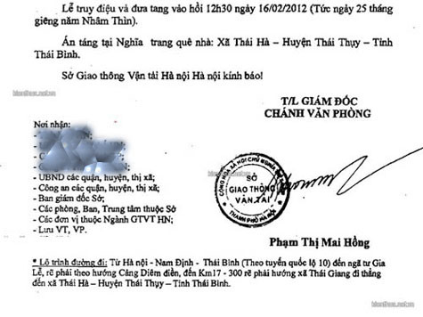Công văn của Sở GTVT Hải Nội gửi các nơi thông báo việc bố phó giám đốc sở mất. (Ảnh: bee.net.vn)