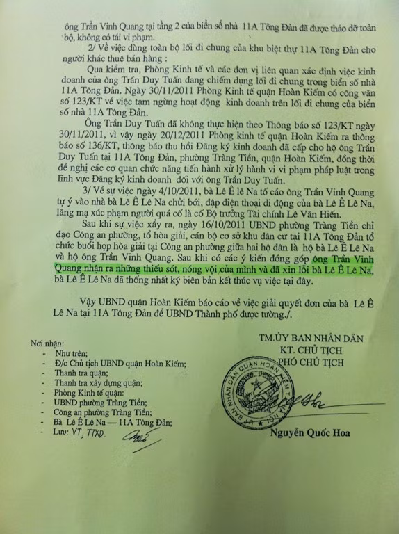 Công văn số 1100/UBND – TTrXD do phó chủ tịch UBND quận Nguyễn Quốc Hoa ký để báo cáo lên UBND thành phố Hà Nội.