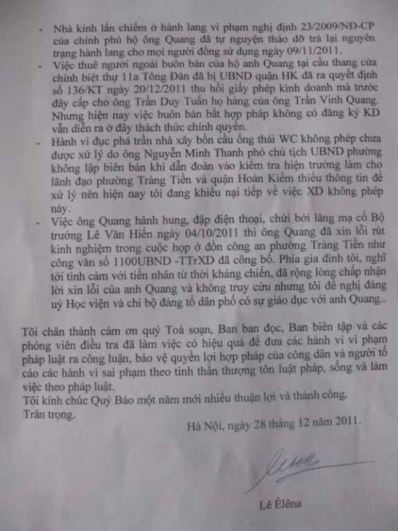 Lá thư của bà Lê Ê Lêna cảm ơn Báo điện tử Giáo dục Việt Nam