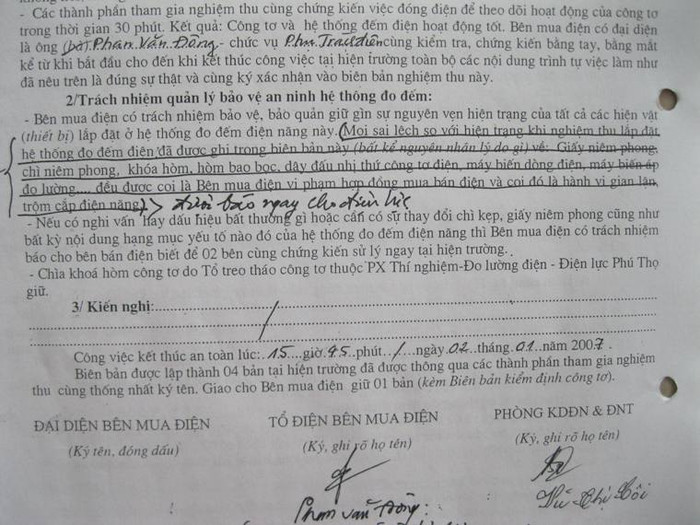 Biên bản nghiệm thu hòm bao bọc thiết bị đếm điện và hệ thống đo đếm điện năng với nhiều điều khoản "lạ lùng" của Điện lực Phú Thọ Biên bản nghiệm thu hòm bao bọc thiết bị đếm điện và hệ thống đo đếm điện năng với nhiều điều khoản "lạ lùng" của Điện lực Phú Thọ