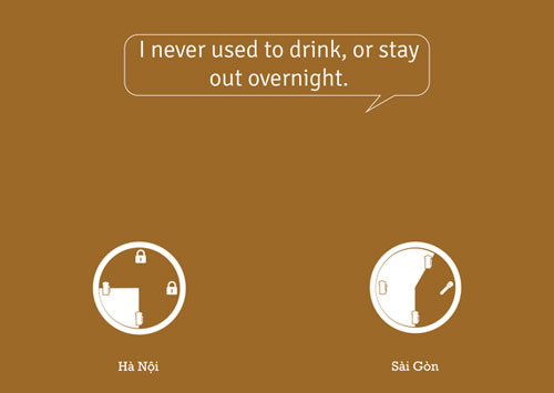 Đàn ông Hà Nội thường đi nhậu sau lúc tan sở, xế chiều, xẩm tối và cố gắng về nhà trước khi quá khuya. Đàn ông Sài Gòn có thể nhậu thâu đêm suốt sáng Đàn ông Hà Nội thường đi nhậu sau lúc tan sở, xế chiều, xẩm tối và cố gắng về nhà trước khi quá khuya. Đàn ông Sài Gòn có thể nhậu thâu đêm suốt sáng