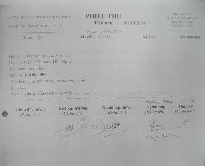 Phiếu thu tiền của điện lực Việt Trì vào ngày 21/4 (ngày chủ nhật). Phiếu thu tiền của điện lực Việt Trì vào ngày 21/4 (ngày chủ nhật).