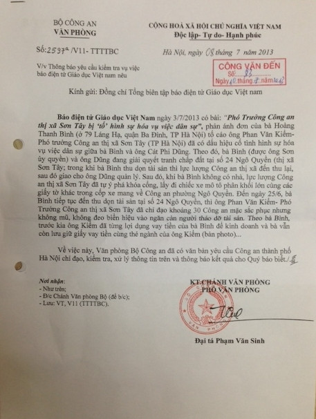 Văn bản số 2597a /V11 - TTTTBC của Văn phòng Bộ Công an đề nghị làm rõ vụ việc báo Giáo dục Việt Nam đã phản ánh! Văn bản số 2597a /V11 - TTTTBC của Văn phòng Bộ Công an đề nghị làm rõ vụ việc báo Giáo dục Việt Nam đã phản ánh!