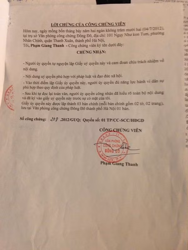 Giấy ủy quyền này được văn phòng công chứng Đông Đô chứng nhận.