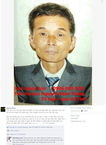 Thông tin đã được 1.464 lượt share (chia sẻ). Bạn tôi đã tìm được bố nhờ tấm lòng của cư dân mạng. Ảnh chụp lại từ Facebook