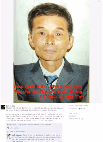 Thông tin đã được 1.464 lượt share (chia sẻ). Bạn tôi đã tìm được bố nhờ tấm lòng của cư dân mạng. Ảnh chụp lại từ Facebook