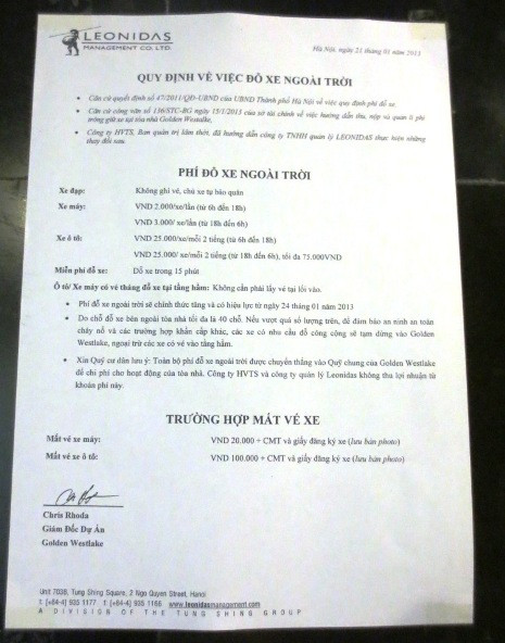 Chủ đầu tư thông báo bắt đầu thu phí đỗ xe ngoài trời kể từ ngày 24/1.