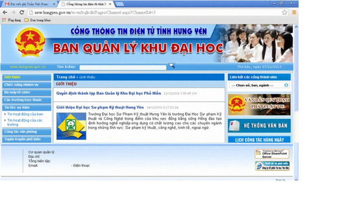 Ảnh chụp màn hình ngày 7/12/2013 (Cổng thông tin Ban Quản lý khu đại học)