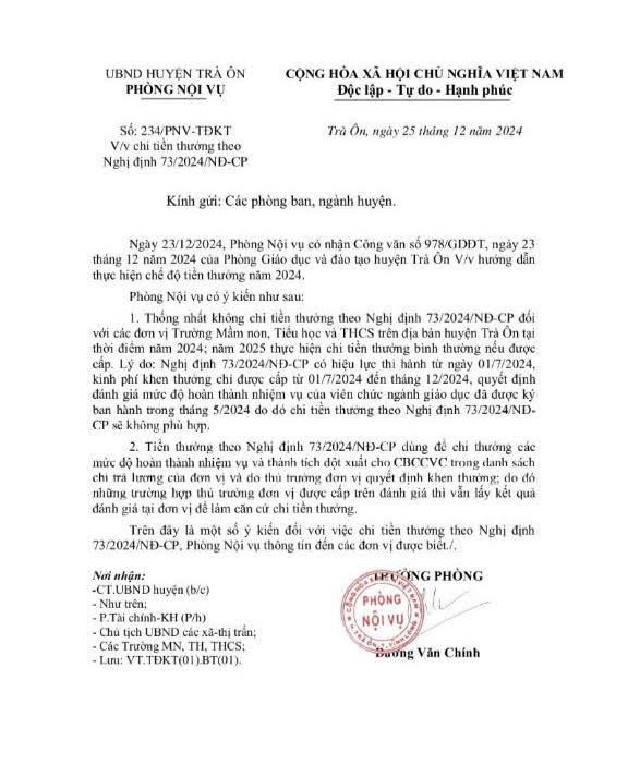 Văn bản trả lời Phòng Nội vụ huyện Trà Ôn (Vĩnh Long). Ảnh: Độc giả cung cấp NVCC Ảnh chi khen thưởng 2024.jpg
