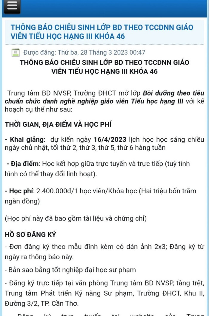 Đến tháng 4, các cơ sở đào tạo vẫn đăng tuyển chiêu sinh lớp bồi dưỡng chứng chỉ chức danh nghề nghiệp theo hạng. Ảnh chụp màn hình thông báo chiêu sinh.