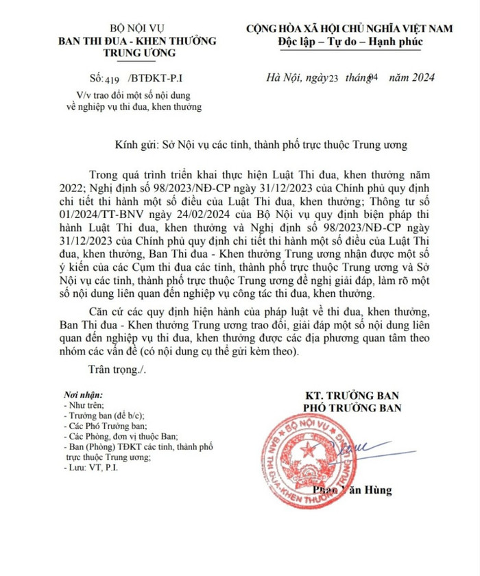 Công văn 419/BTĐKT-P.I của Ban Thi đua, khen thưởng Trung ương Công văn 419 Thi đua.jpg