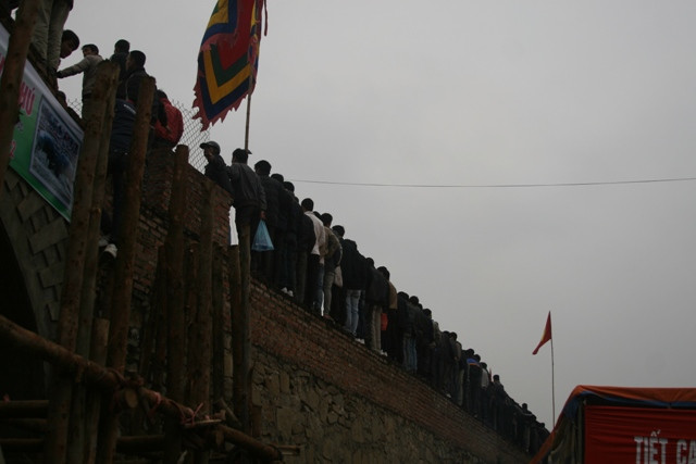 Không có chỗ ngồi, nhiều người trèo lên thành tường tìm cho mình một điểm xem