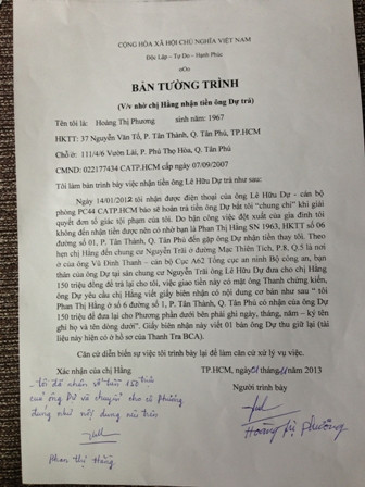 Bản tường trình của bà Phương về vụ việc