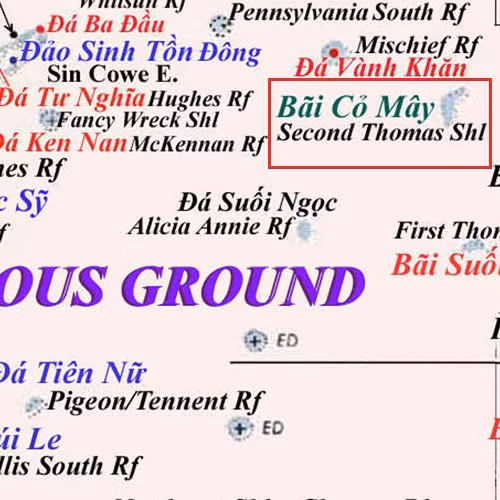 Cận cảnh Bãi Cỏ Mây trên Bản đồ Biển Đông khu vực Trường Sa.