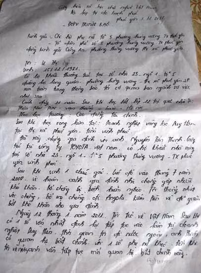 La thư Lê Thị Lý cầu cứu cơ quan chức năng La thư Lê Thị Lý cầu cứu cơ quan chức năng