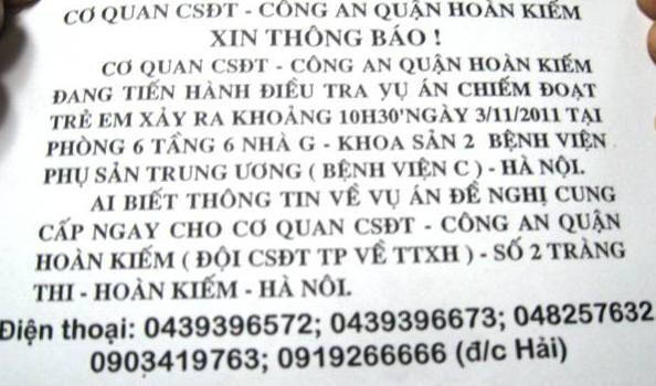 Thông báo của cơ quan công an quận Hoàn Kiếm Thông báo của cơ quan công an quận Hoàn Kiếm