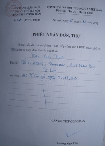 Phiếu tiếp nhận đơn, thư của UBND TP.Hà Nội.