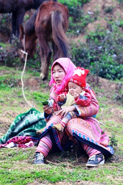 Hai mẹ con chị Bản đi chợ ngựa từ sáng sớm