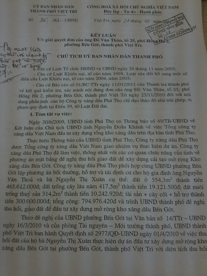 UBND Tp. Việt Trì ra công văn yêu cầu giải quyết đối ông Đỗ Văn Thân UBND Tp. Việt Trì ra công văn yêu cầu giải quyết đối ông Đỗ Văn Thân