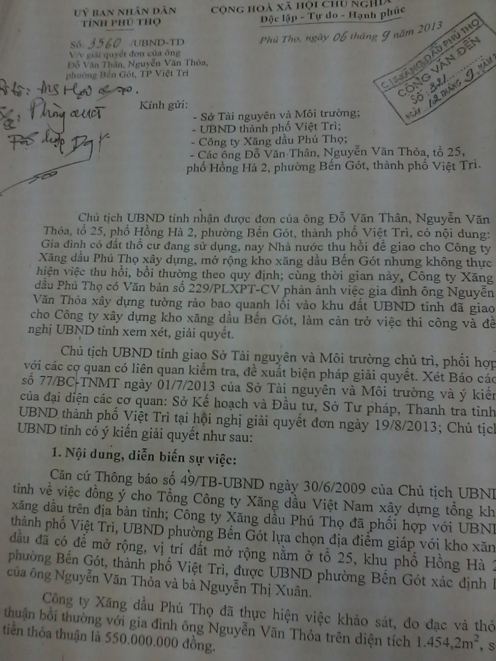 Công văn của UBND tỉnh Phú Thọ yêu cầu UBND Tp. Việt Trì giải quyết dứt điểm khiếu kiện Công văn của UBND tỉnh Phú Thọ yêu cầu UBND Tp. Việt Trì giải quyết dứt điểm khiếu kiện