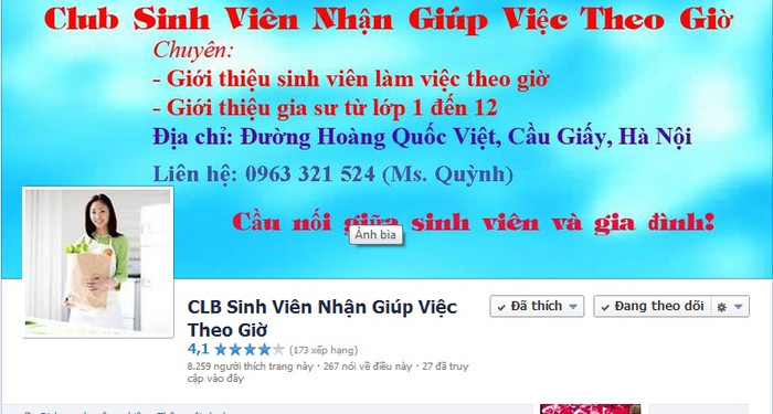 Một page của câu lạc bộ sinh viên giúp việc theo giờ