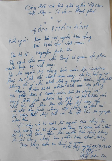 Đơn phản ánh của anh Nguyễn Anh Sơn gửi tới báo Giáo Dục Việt Nam "tố" nước tinh khiết Valetine có bọ gậy, vẩn đục Đơn phản ánh của anh Nguyễn Anh Sơn gửi tới báo Giáo Dục Việt Nam "tố" nước tinh khiết Valetine có bọ gậy, vẩn đục