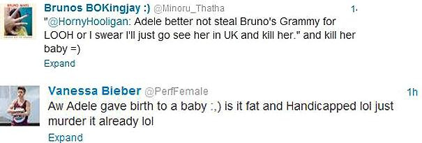 Những lời lẽ xúc xiểm và dọa nạt của cư dân mạng Twitter dọa đòi giết Adele và con của cô.