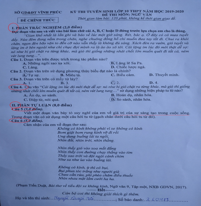 Đề Ngữ văn vào lớp 10 của Vĩnh Phúc thi ngày 05/6/2019 có 2 lỗi. Đề Ngữ văn vào lớp 10 của Vĩnh Phúc thi ngày 05/6/2019 có 2 lỗi.