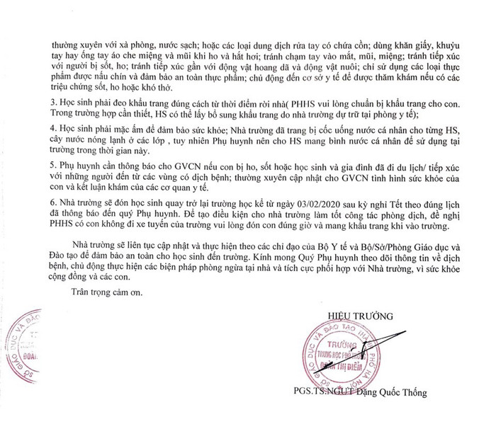 Ban giám hiệu Trường Trung học phổ thông Đoàn Thị Điểm, Hà Nội đã ra thông báo cho phụ huynh cũng như học sinh của trường. Ảnh: ĐTĐ. Ban giám hiệu Trường Trung học phổ thông Đoàn Thị Điểm, Hà Nội đã ra thông báo cho phụ huynh cũng như học sinh của trường. Ảnh: ĐTĐ.