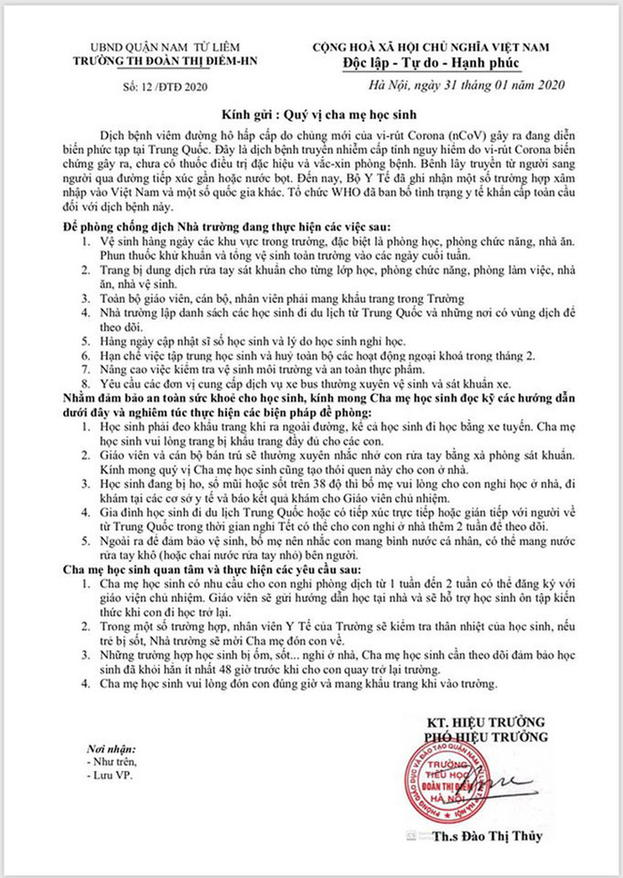 Thông báo của Ban giám hiệu Trường Tiểu học Đoàn Thị Điểm, Hà Nội. Ảnh do nhà trường cung cấp. Thông báo của Ban giám hiệu Trường Tiểu học Đoàn Thị Điểm, Hà Nội. Ảnh do nhà trường cung cấp.