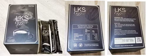 Gói LKS Coffee. Thông tin trên nhãn: Instant Arabica Coffee, Green Coffee Extract, Sucrose, White Kidney Bean Extract, Garcinia Cambogia, L-Carnitine, Hoodia Gordonii, Non Dairy Creamer. Thông tin nước sản xuất: Không có Sản phẩm bị phát hiện có chứa Sibutramine.