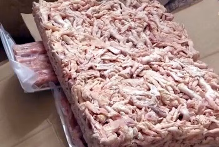 Tại thời điểm kiểm tra kho hàng có chứa nhiều thực phẩm như chân gà, đùi gà, phao câu gà, xương chân gà…đông lạnh không bảo đảm an toàn vệ sinh thực phẩm.