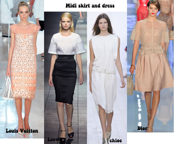6. Váy midi: Chiếc váy liền hay chân váy có chiều dài qua gối (tới bắp đùi) đang trở thành xu hướng thời trang "nở rộ" trong mùa xuân-hè. Chúng thích hợp cho mọi thân hình cũng như lứa tuổi bởi độ dài và kiểu dáng phong phú, đa dạng. Xem thêm: Diện áo sơ mi độc-điệu-đẹp/ Váy xinh chào hè 2012.