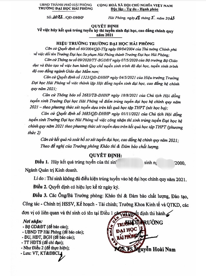 Quyết định huỷ kết quả trúng tuyển của Trường Đại học Hải Phòng (Ảnh: LT)
