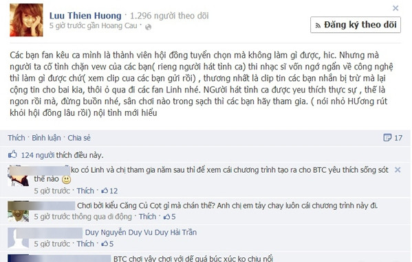 Nhạc sĩ Lưu Thiên Hương thẳng thắn thừa nhận sự khó chịu quanh việc bình chọn mập mờ. Nhạc sĩ Lưu Thiên Hương thẳng thắn thừa nhận sự khó chịu quanh việc bình chọn mập mờ.