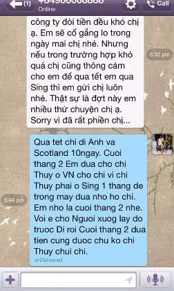 Những lời khất lần, khất lữa của Thúy Vinh với 2 món đồ trị giá 5.600.000 nghìn đồng Việt suốt nửa năm qua. Ảnh nhân vật cung cấp