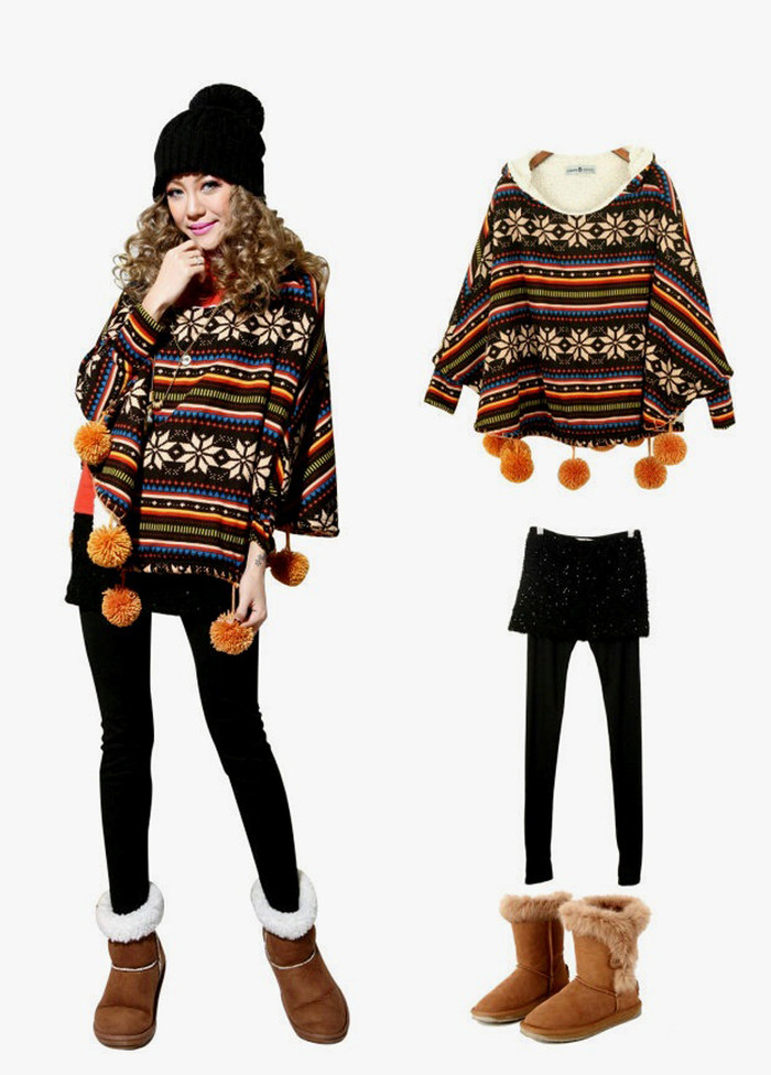 Sang trọng và thanh lịch khi kết hợp quần tất cùng áo len cánh dơi có hoa văn “lai thổ cẩm” tinh tế.