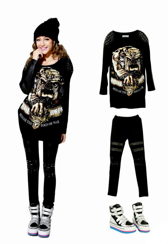 Cá tính với phong cách “đen toàn tập”. Nếu muốn nữ tính hóa hình ảnh đi một chút, bạn chỉ cần thay đổi áo mãnh thú bằng chiếc áo đơn sắc hoặc hoa văn nền nã hơn như hoa lan, chấm bi chẳng hạn.